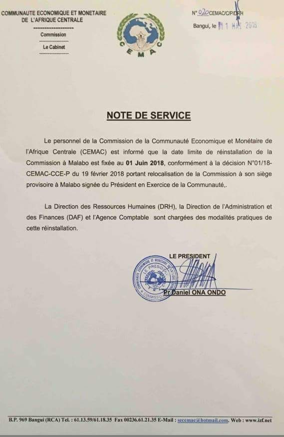Dlocalisation provisoire de la CEMAC de Bangui  Malabo