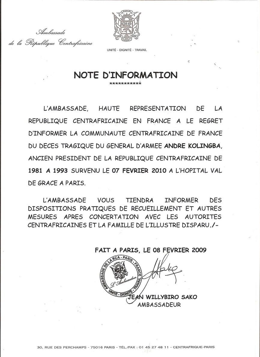 Annonce par l'ambassade de Parisdu dces de l'ancien prsident Andre-Kolingba