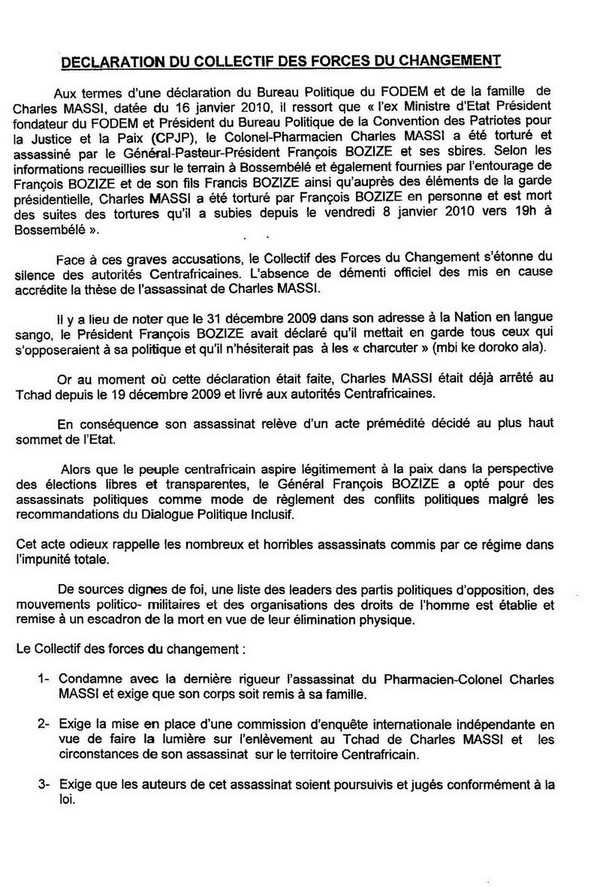 Silence du gouvernement au sujet du dcs ou tortures de Charles Massi: le Collectif des forces du changement en Rpublique Centrafricaine demande une Commission d'enqute