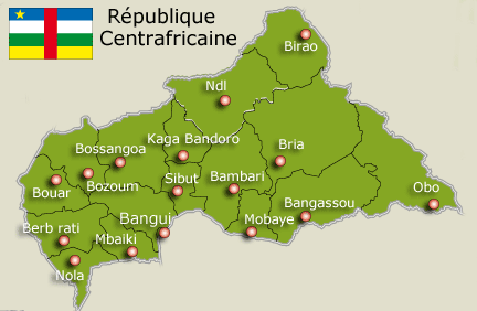 Une carte de la Rpublique Centrafricaine avec les divisions administratives et les noms des prfectures