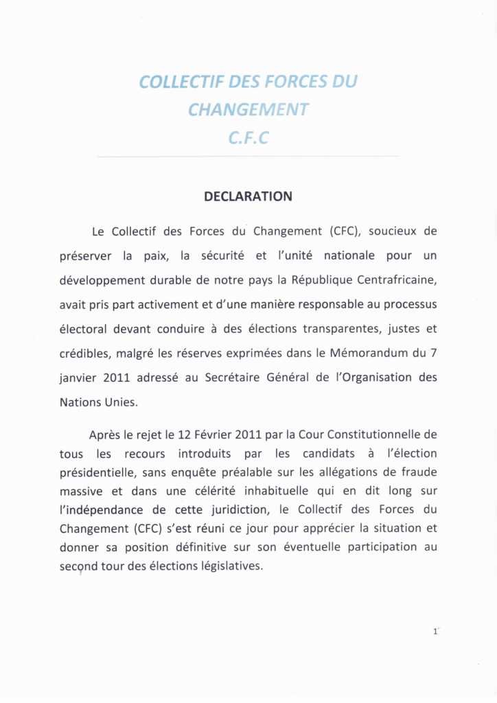 Dclaration du CFC du 15 fvrier 2011 : Non participation du collectif des forces vives du changement au second tour des lections lgislatives et retrait de tous ses candidats