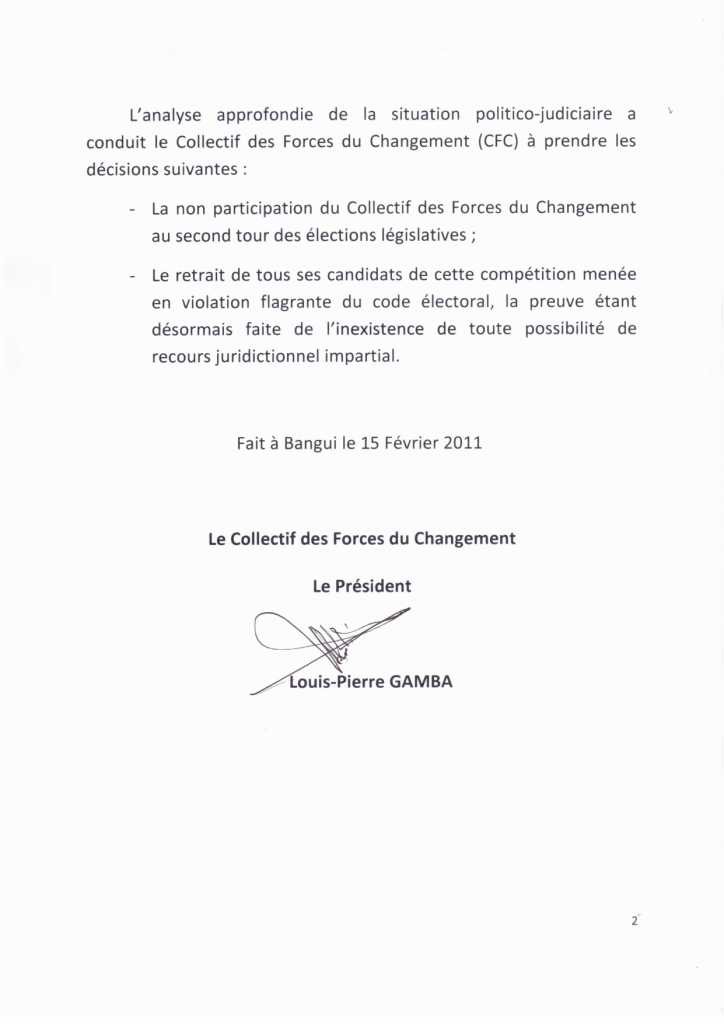 Dclaration du CFC du 15 fvrier 2011 : Non participation du collectif des forces vives du changement au second tour des lections lgislatives et retrait de tous ses candidats