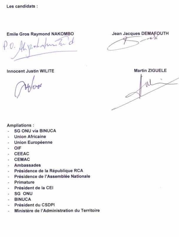 declaration: Signatures de quatre candidats aux elections presidentielles de 2011 (Emile Gros Raymond NAKOMBO, Jean Jacques DEMAFOUTH, Martin ZIGUELE, Innocent Justin WILITE) - denonciation de violation systématique du code électoral
