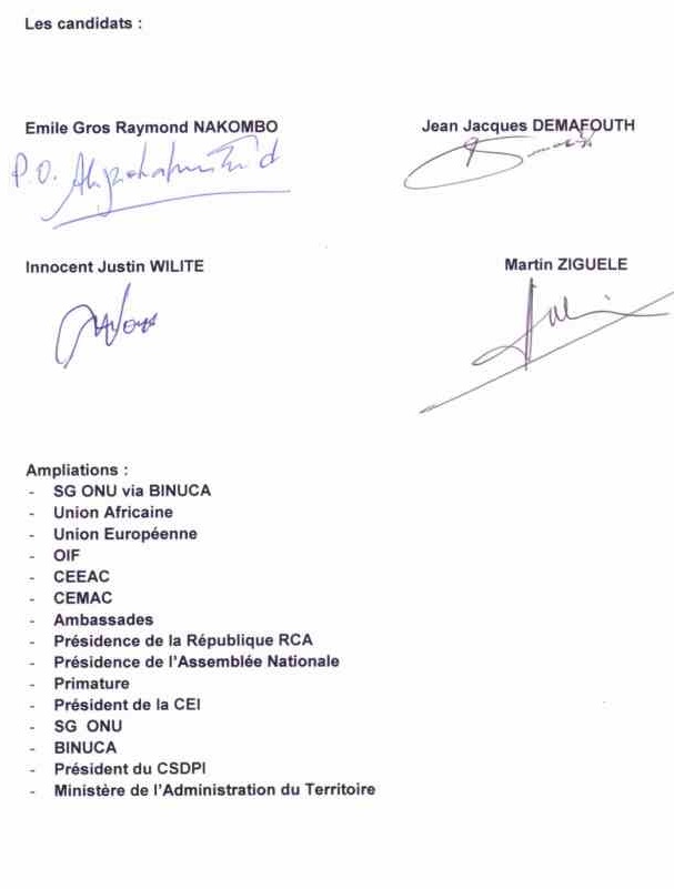 declaration: Signatures de quatre candidats aux elections presidentielles de 2011 (Emile Gros Raymond NAKOMBO, Jean Jacques DEMAFOUTH, Martin ZIGUELE, Innocent Justin WILITE) - denonciation de violation systmatique du code lectoral