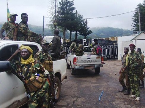 Des combattants de la coalition rebelle Seleka devant le palais prsidentiel  Bangui, peu aprs leur arrive dans la capitale de la Rpublique centrafricaine, le 25 mars 2013