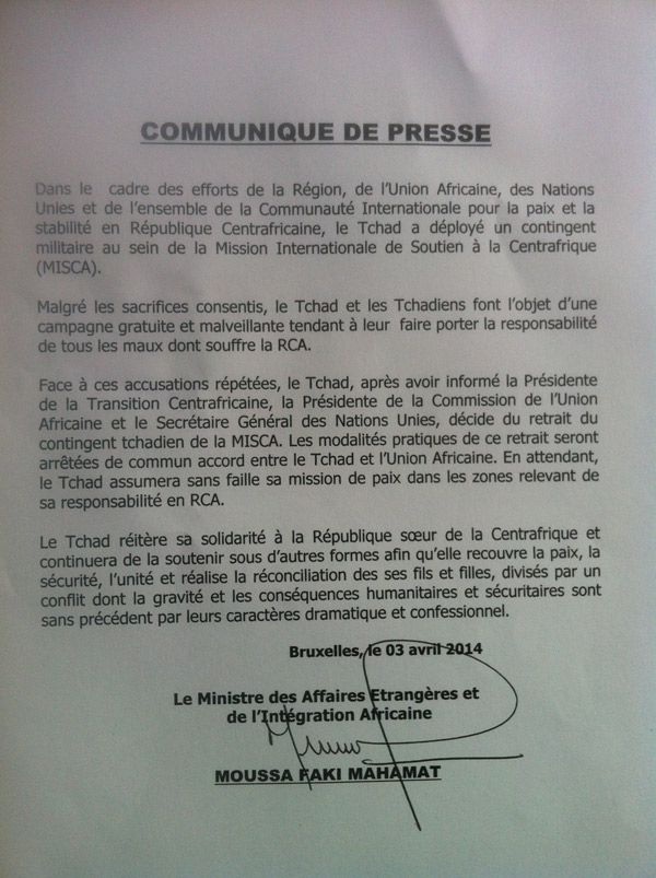 Communiqu officiel du Tchad pour un retrait de son contingent de Centrafrique