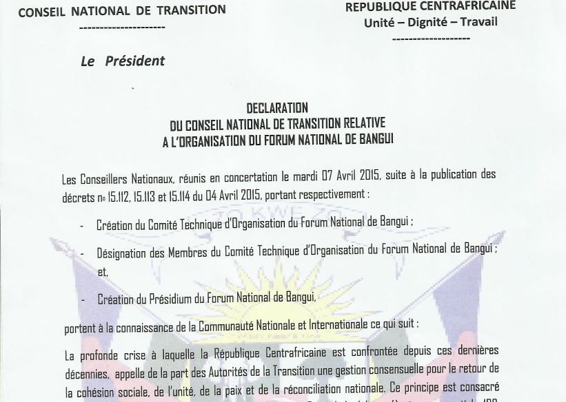 Dclaration du Conseil National de Transition relative  l'organisation du Forum national de Bangui 1