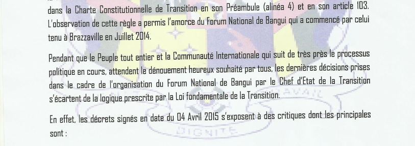 Dclaration du Conseil National de Transition relative  l'organisation du Forum national de Bangui 2