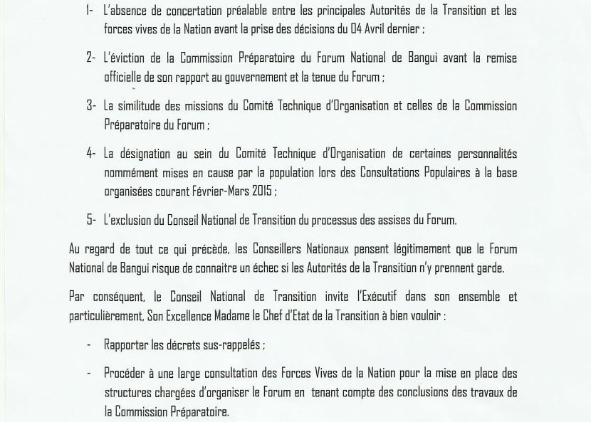 Dclaration du Conseil National de Transition relative  l'organisation du Forum national de Bangui 3