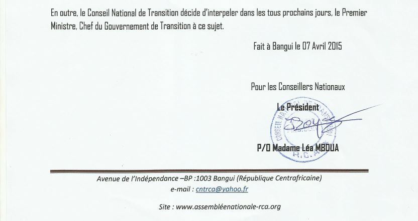 Dclaration du Conseil National de Transition relative  l'organisation du Forum national de Bangui 4