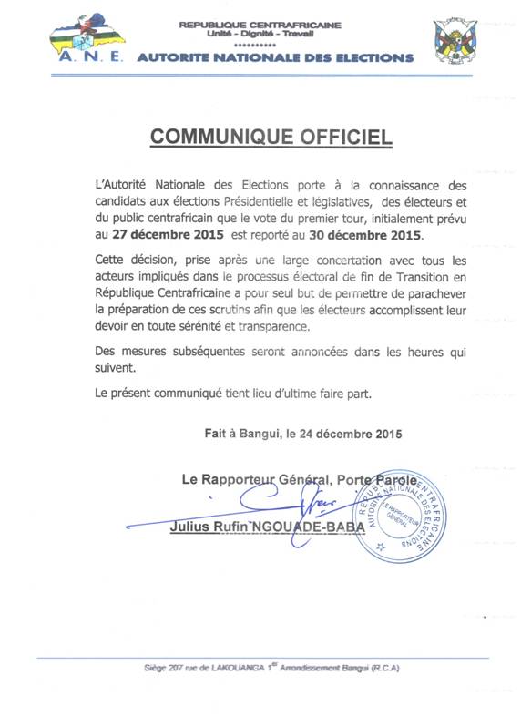 le report des lections centrafricaines du 27 dcembre 2015