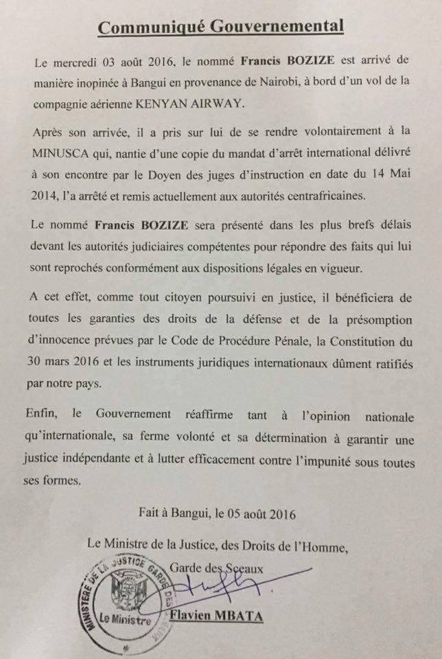 Communiqué gouvernemental sur l'arrestation de l'ancien ministre de la défense Francis Bozize, ce jour 05 août 2016 à Bangui