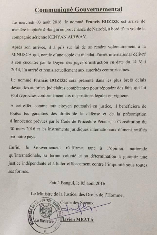 Communiqu gouvernemental sur l'arrestation de l'ancien ministre de la dfense Francis Bozize, ce jour 05 aot 2016  Bangui