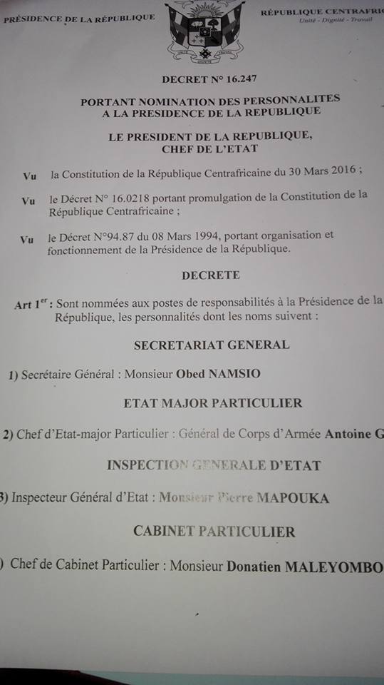 Liste des membres du cabinet du président centrafricain Faustin Archange Touadera
