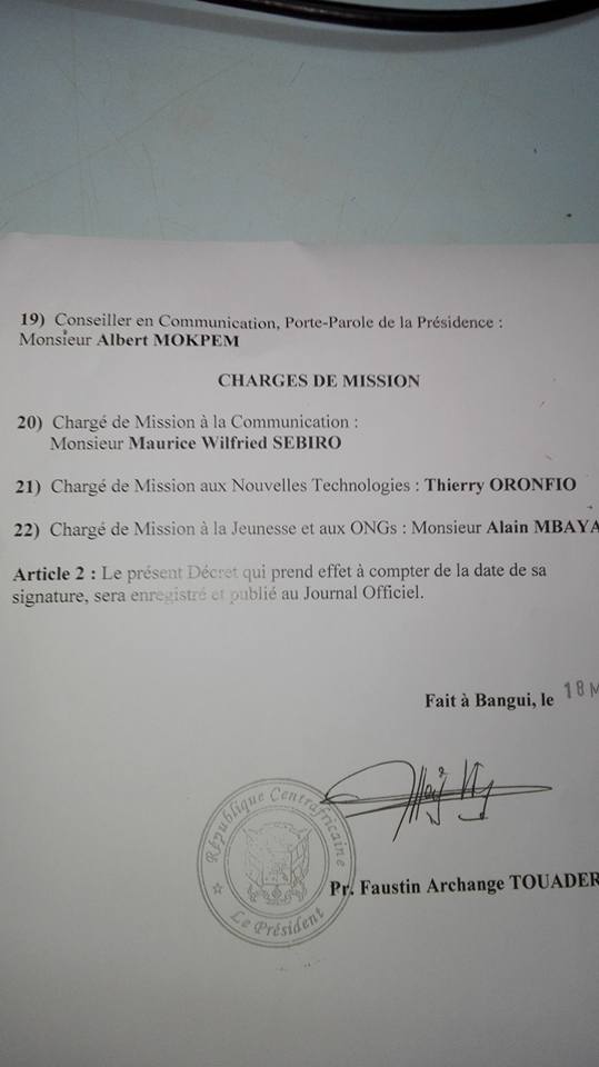 Liste des membres du cabinet du président centrafricain Faustin Archange Touadera