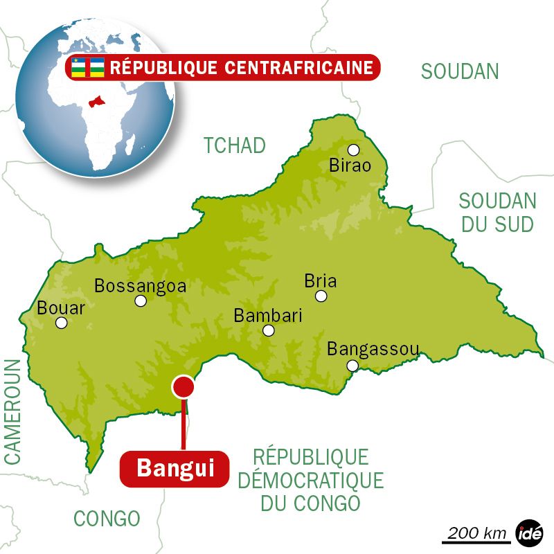 Carte de la RCA avec Bangui, Bangassou