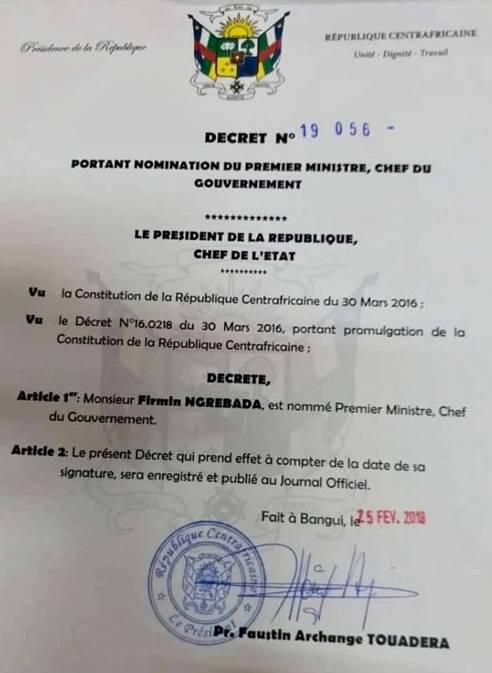 dcret N 19-056 du 25 fev 2019 portant nomination de Firmin Ngrebada