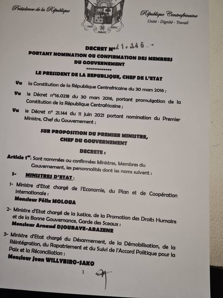 DECRET N° 21.146 PORTANT NOMINATION OU CONFIRMATION DES MEMBRES DU GOUVERNEMENT, BANGUI LE 23 JUIN 2021