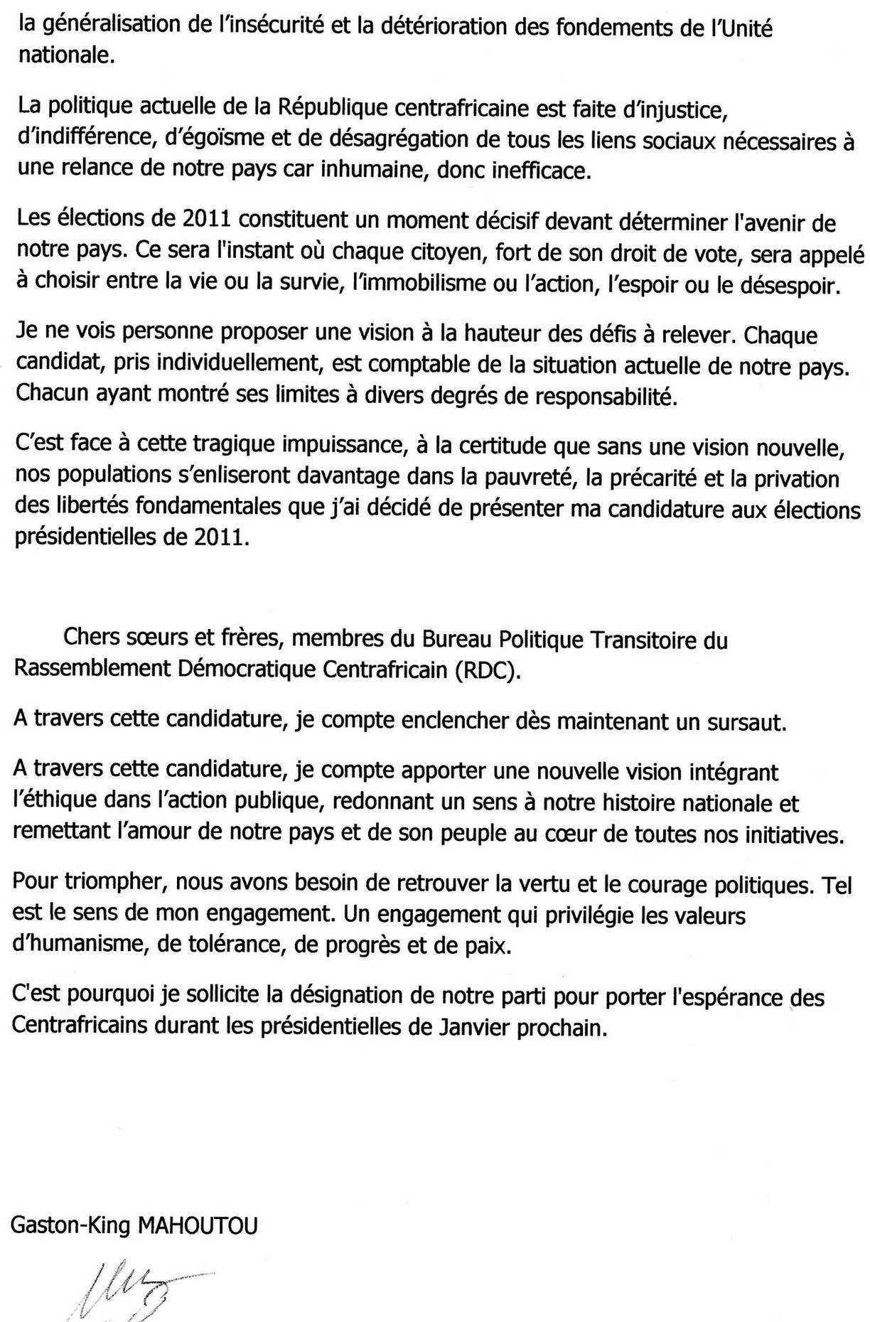 Gaston-King MAHOUTOU: DECLARATION DE CANDIDATURE AUX ELECTIONS PRESIDENTIELLES DE 2011 EN REPUBLIQUE CENTRAFRICAINE Part2