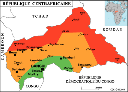 Carte de la Republique Centrafricaine - Les zones de scurit et d'inscurit (par diplimatie.gouv.fr