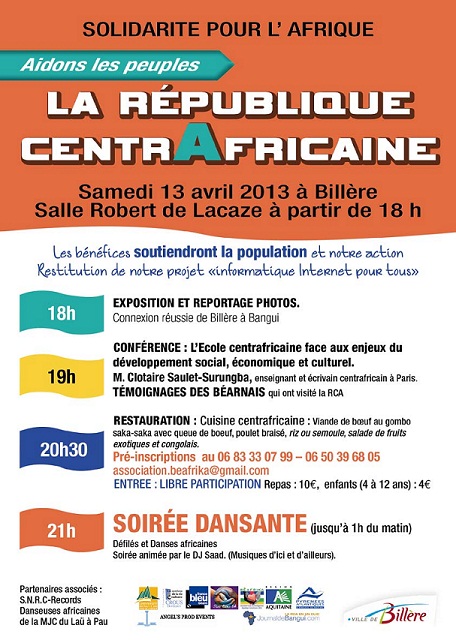 SOLIDARITE POUR LAFRIQUE  ADONS LES PEUPLES  LA REPUBLIQUE CENTRAFRICAINE : JOURNEE CULTURELLE SAMEDI 13 AVRIL 2013