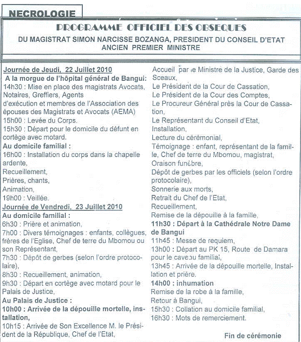 Le Programme officiel des obsèqueses en Centrafrique du Magistrat Simon Narcisse Bozanga, Président du Conseil d'Etat, ancien Premier ministre