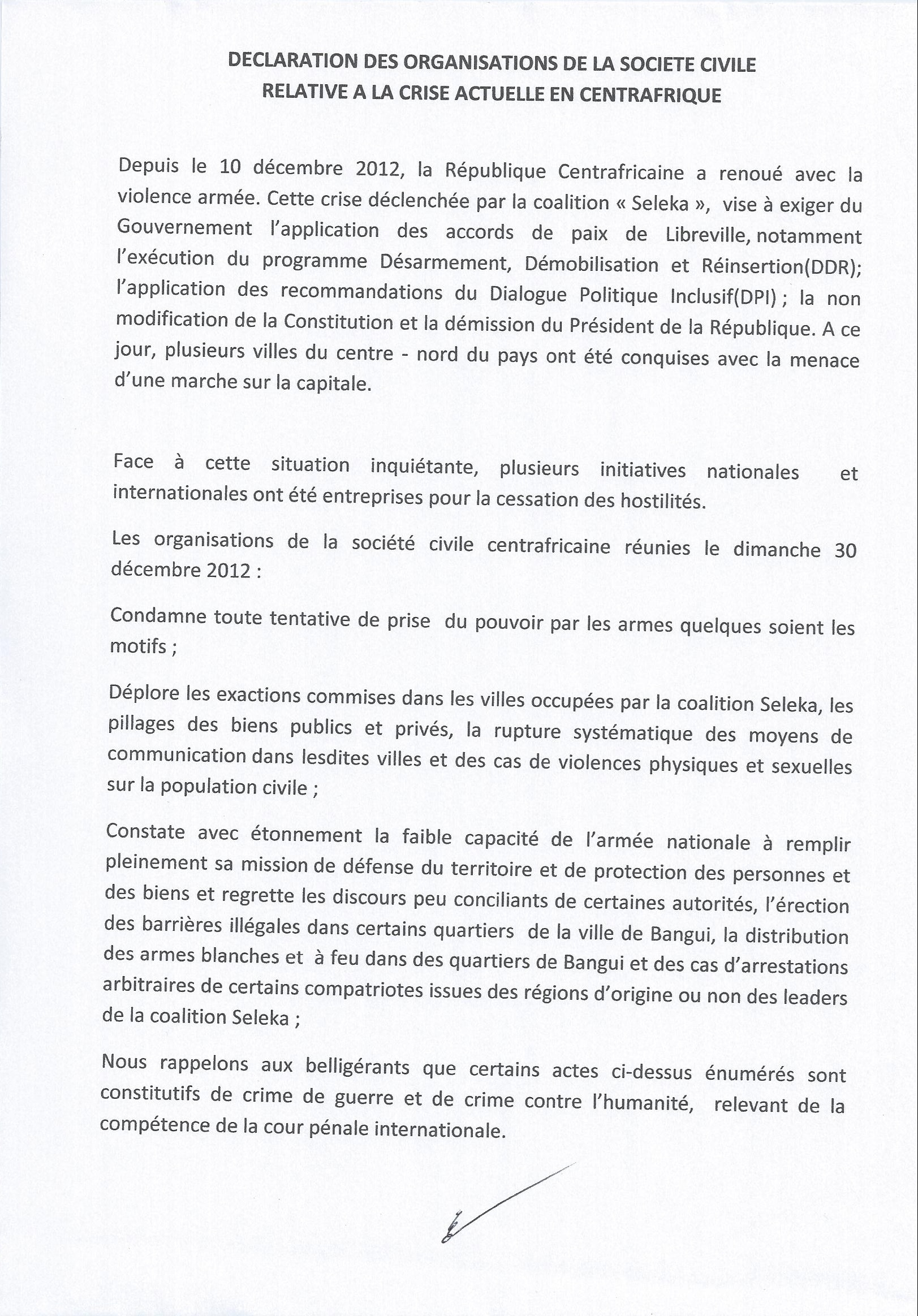 Dclaration de la Socit Civile Centrafricaine