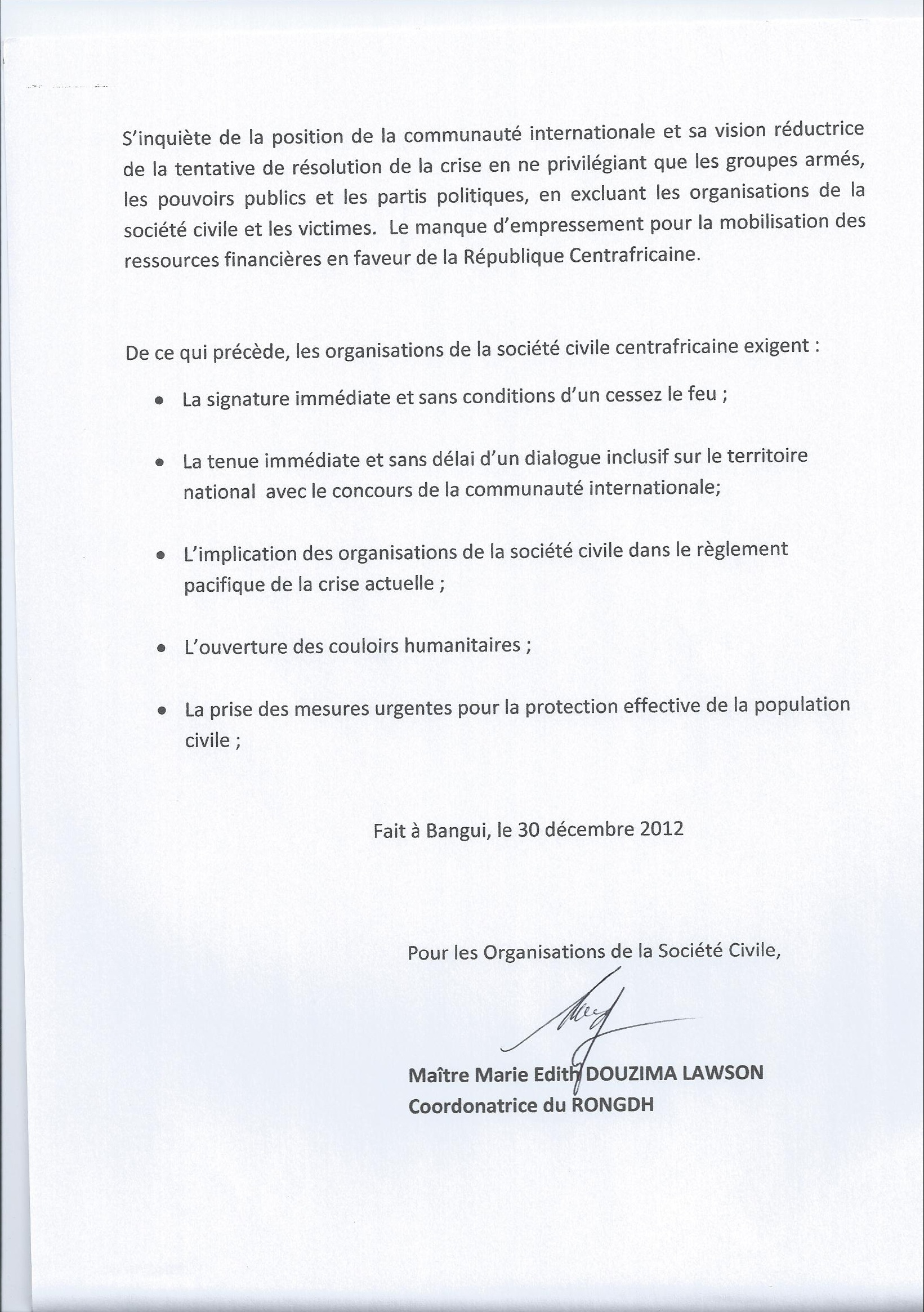 Dclaration de la Socit Civile Centrafricaine