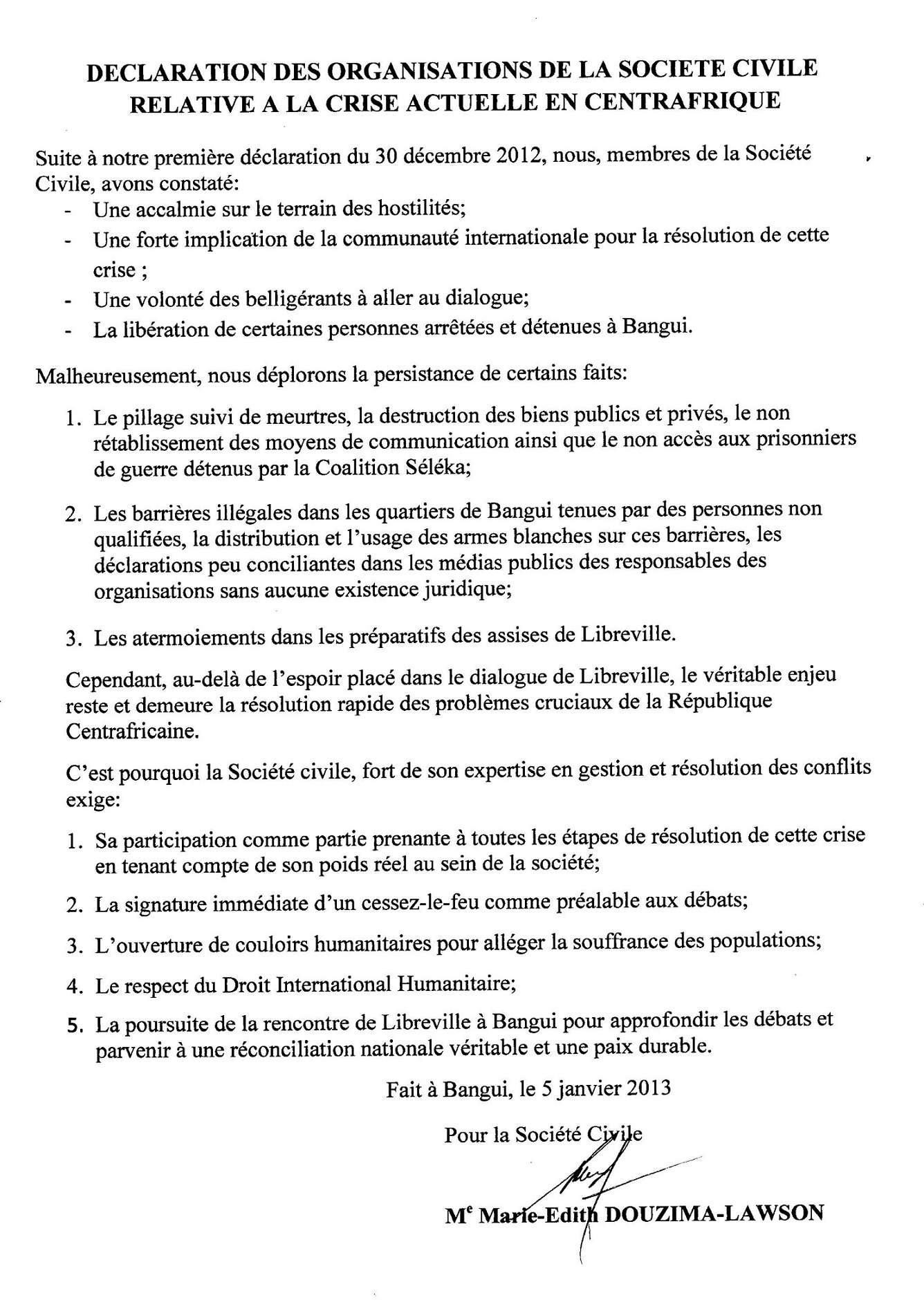Dclaration des organisations de la Socit Civile relative  la crise actuelle en Centrarique (05janv2013)