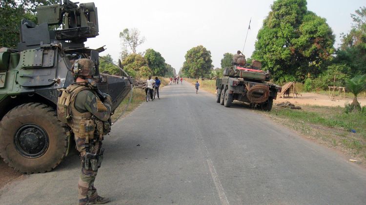 Des soldats franais membres de l'opration Sangaris gardent l'entre de Sibut, le 1er fvrier 2014
