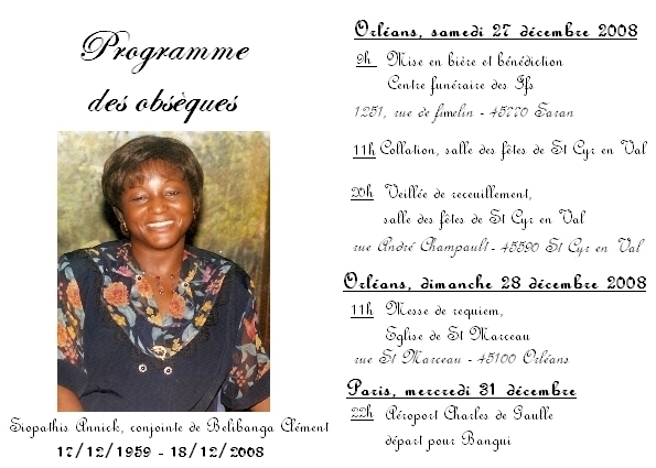 Programme des Obsques de Siopathis Annick conjointe de Blibanga Clment