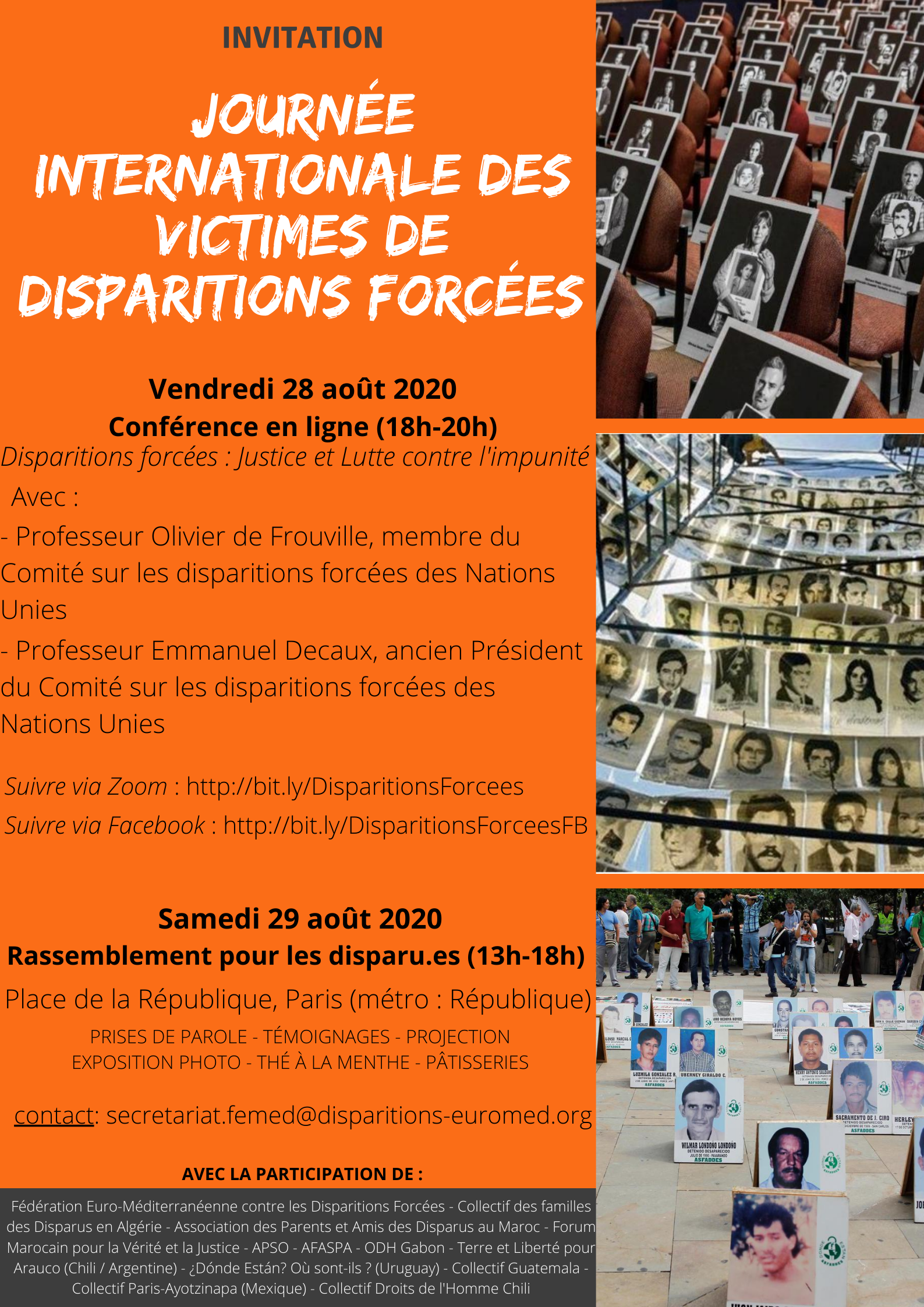 Journe Internationale des Victimes de Disparitions Forces. Paris, Vendredi 28 et Samedi 29 aot 2020 (Affiche Invitation)