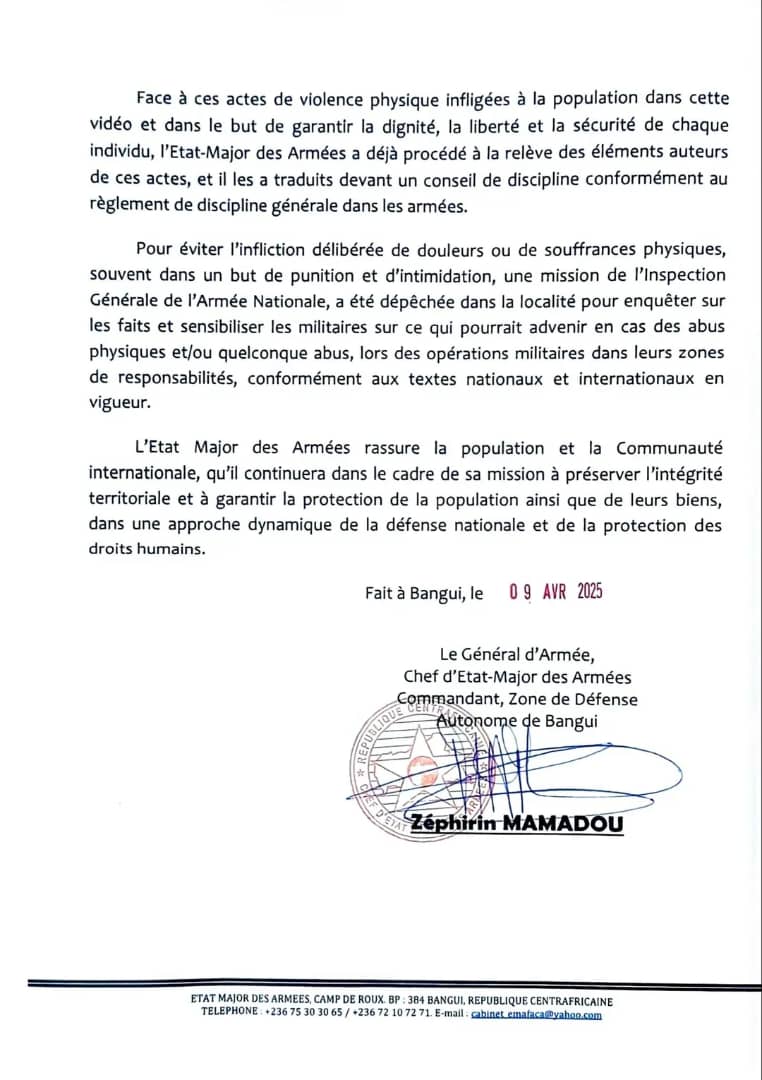 Communiqu� du G�n�ral d'Arm�e, Chef d'Etat-Major des Arm�es, Z�phirin MAMADOU, ce jour 9 Avril 2025, les exactions de Zawa