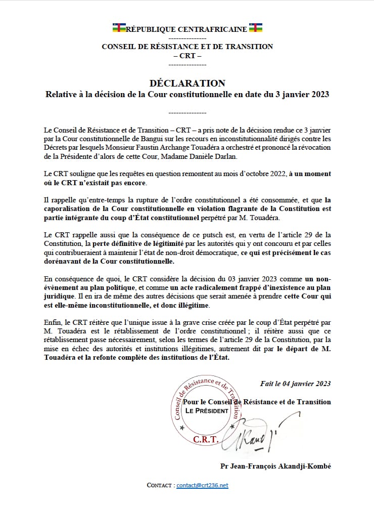Dclaration relative  dcision de la Cour constitutionnelle en date du 2 janvier 2023